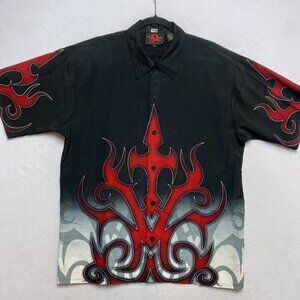 Vintage D Clothing Shirt Mens L Black Short Sleeve Fire Graphic 90s Button Up